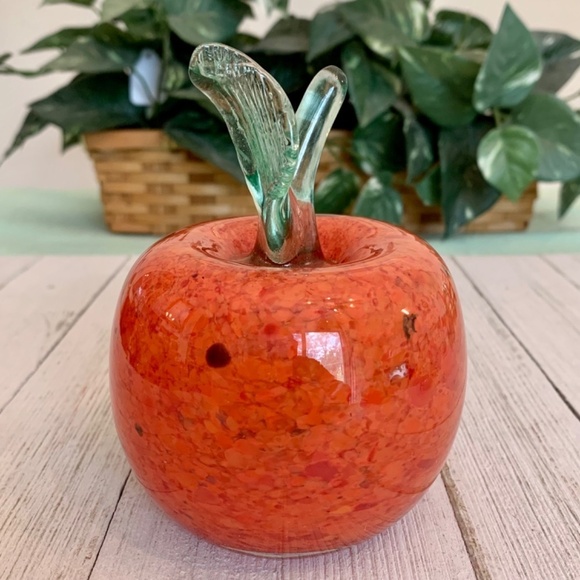 Orange Art Glass Weighted Apple Paperweight With Clear Green Stem Leaf 4 1/2” T - Picture 2 of 15
